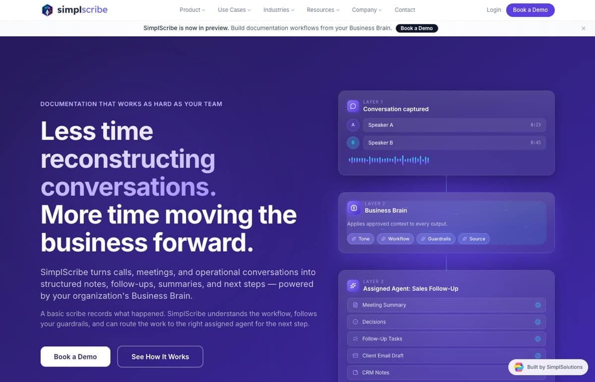SimplScribe workflow turning a captured conversation into approved notes, decisions, follow-up tasks, an email draft, and CRM records